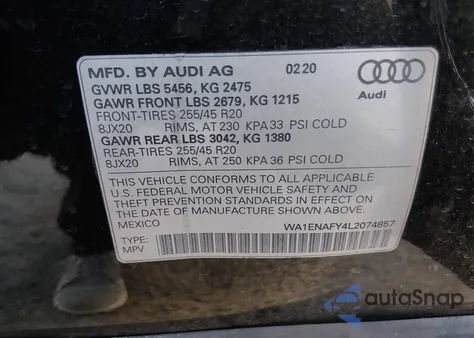 2020 Audi Q5 Titanium Premium Plus 45 Tfsi Quattro S Tronic from USA, damaged, VIN WA1ENAFY4L2074857